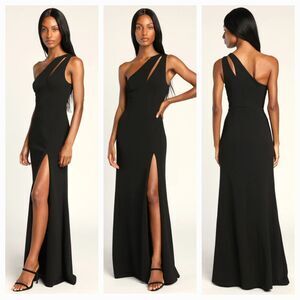 New LULUS (XL) Enchanted Energy Black One-Shoulder Crepe Knit Maxi Dress $99